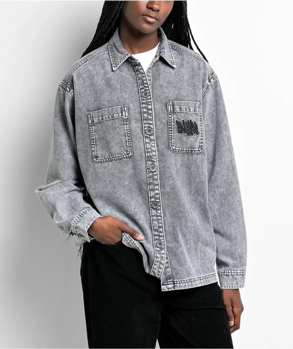 Empyre Oversized Akrin Gray Mineral Wash Long Slv Button-Up Shirt Women's Medium
